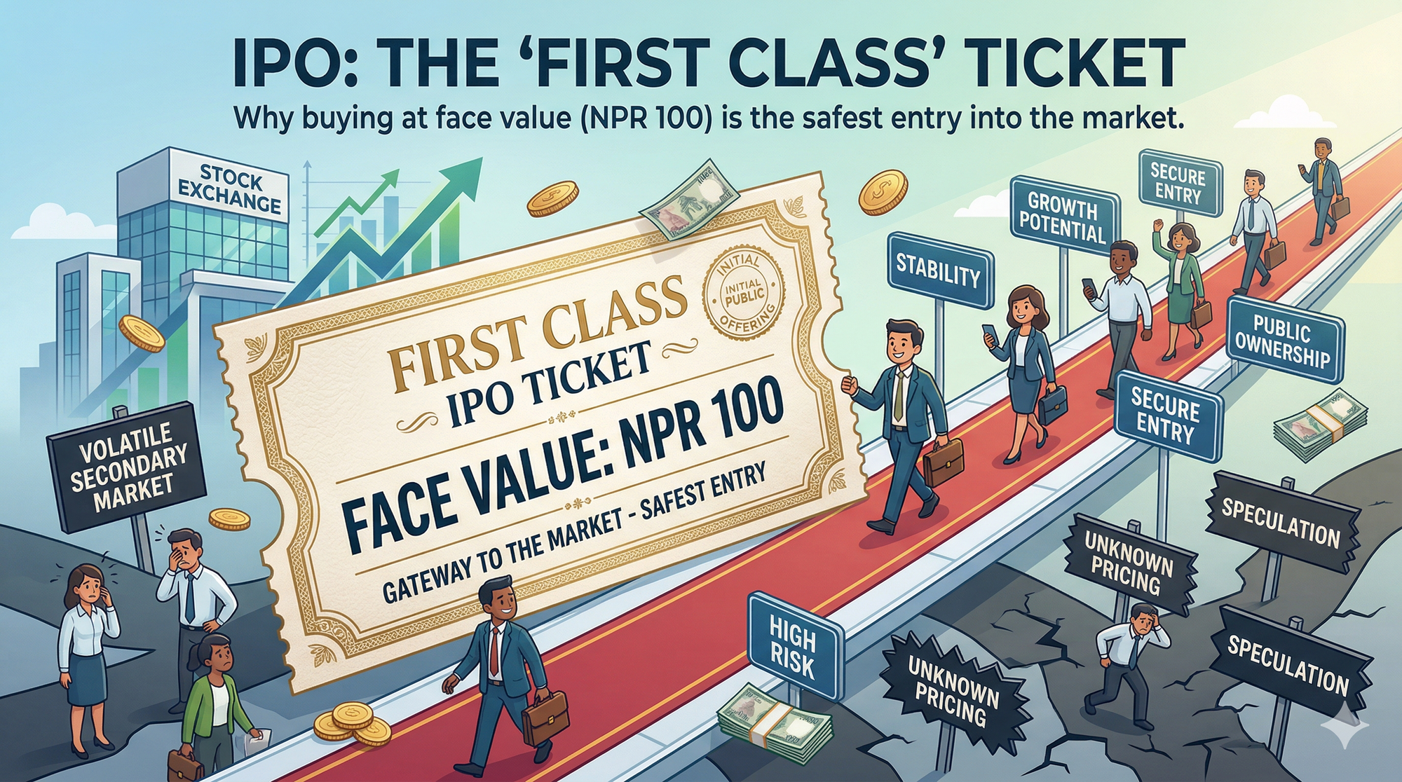 IPO: The "First Class" Ticket: Why buying at face value (NPR 100) is the safest entry into the market.